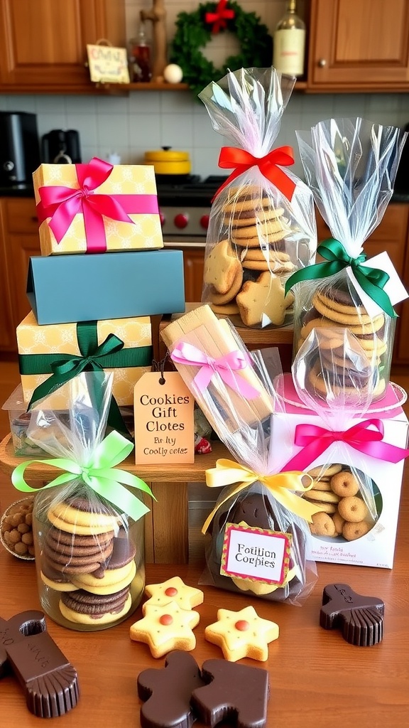 An array of creatively packaged cookies in boxes, jars, and bags, showcasing different styles for gift giving.